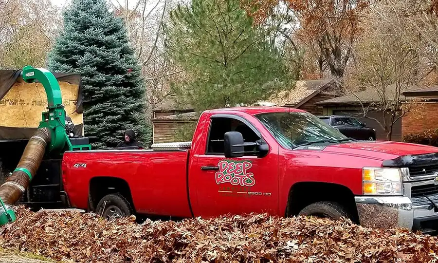 Deep Roots Lawn Care and Landscaping - company truck pulling rubbish container for fall lawn clean up services - Chatham, IL
